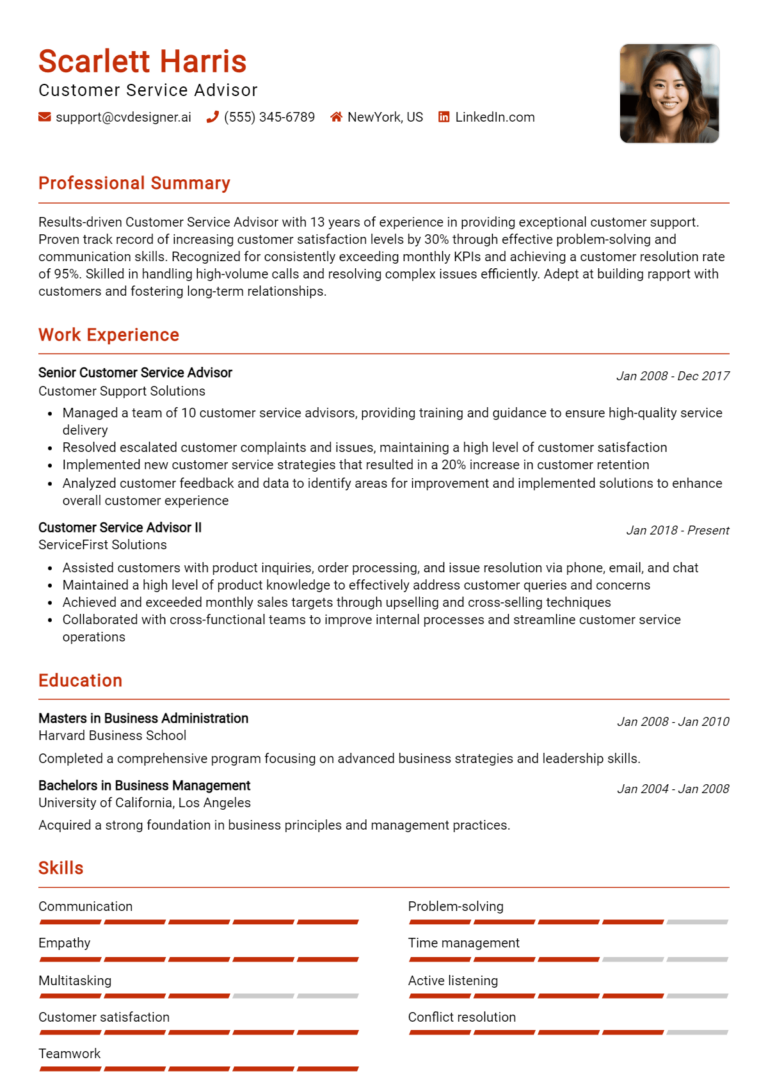 Customer Service Advisor Resume Example for 2025: Ultimate Guide