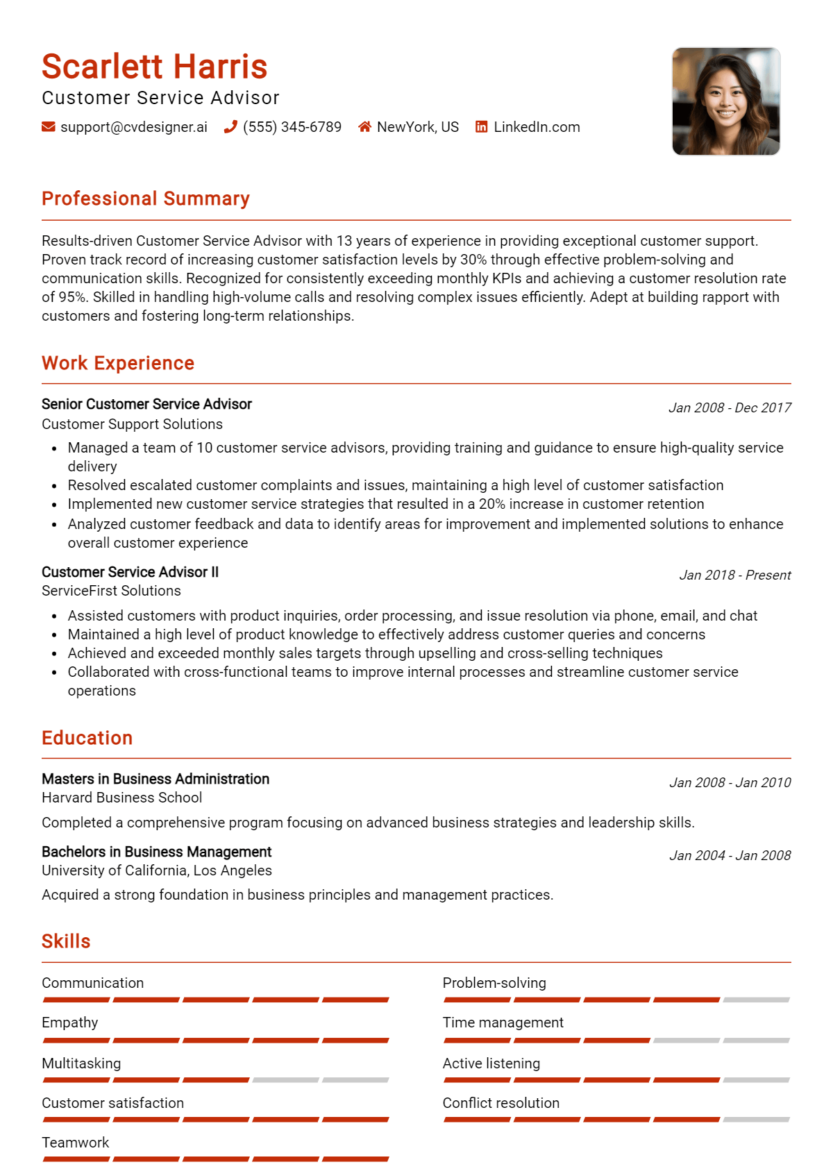 Customer Service Advisor Resume Example