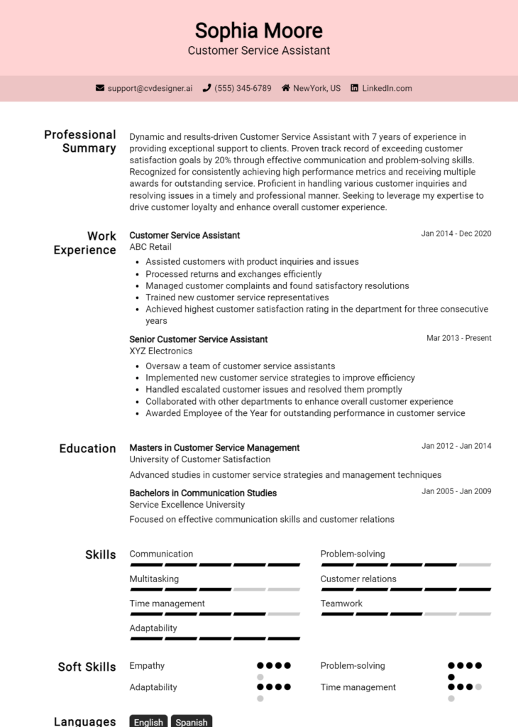 Customer Service Assistant Resume Example