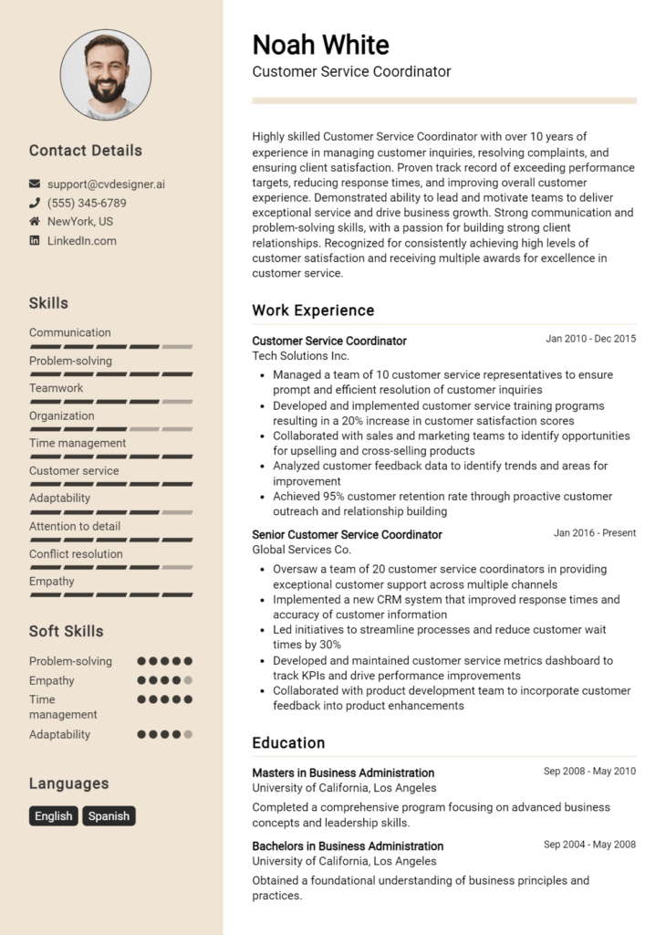 Customer Service Coordinator Resume Example