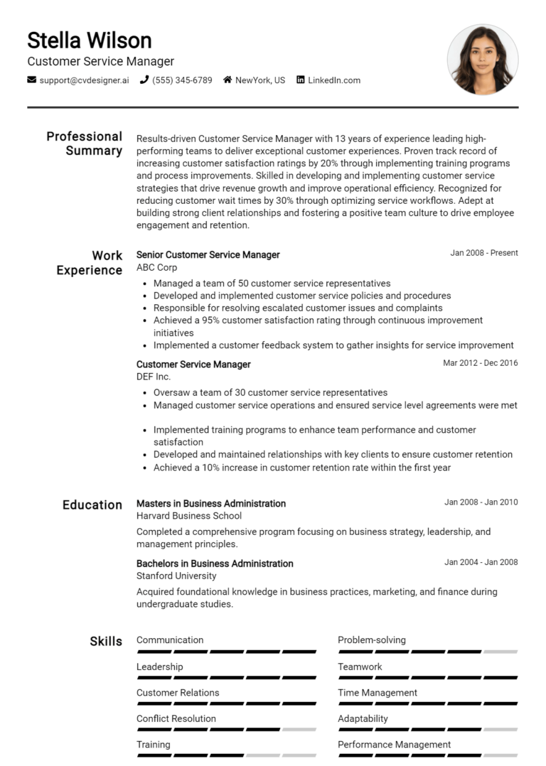 Customer Service Manager Resume Example for 2025: Effective CV Writing Tips