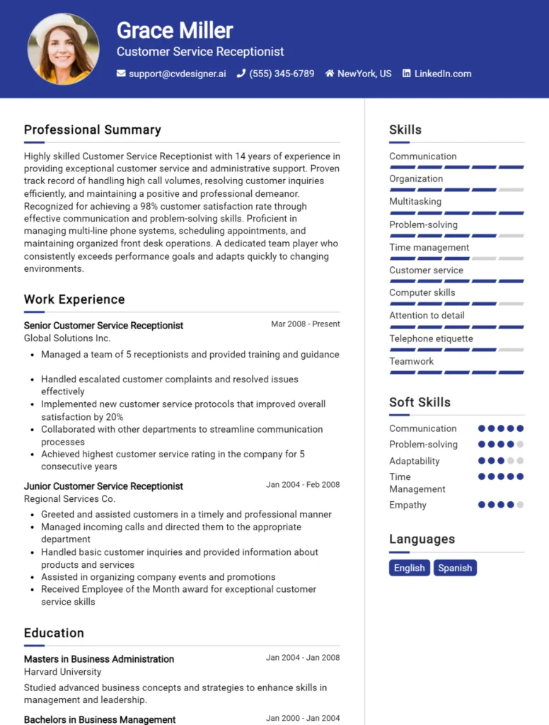 Customer Service Receptionist CV Example