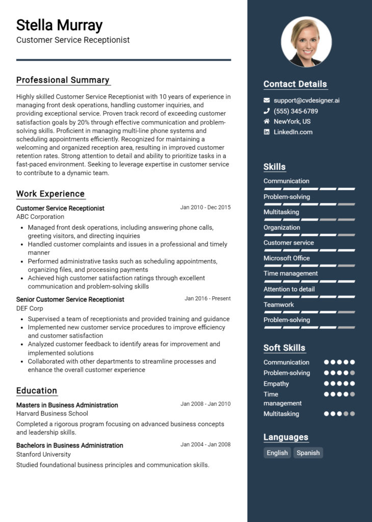 Customer Service Receptionist Resume Example