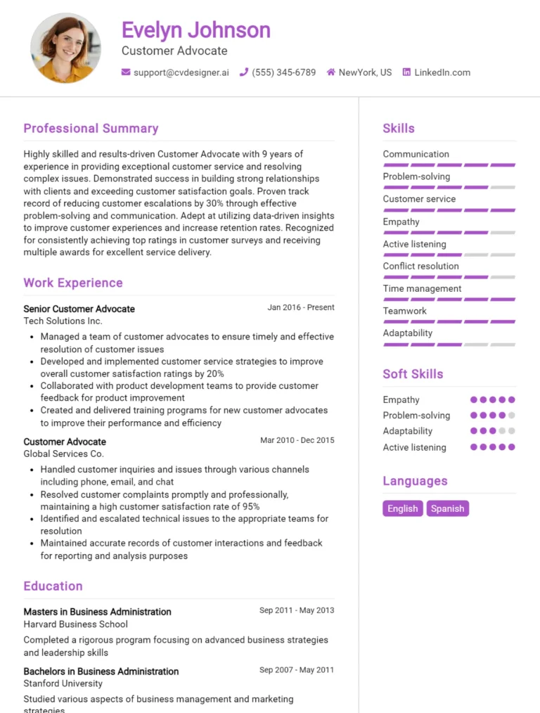 Customer Advocate CV Example For 2025: Best Formatting Tips