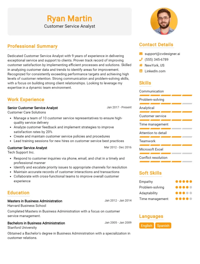 Customer Service Analyst CV Example