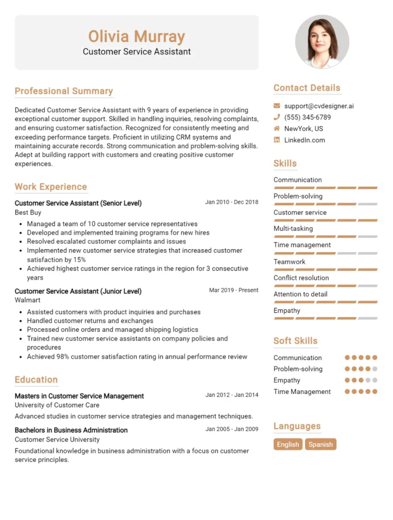 10 Customer Service Assistant CV Examples For 2025: Professional CV