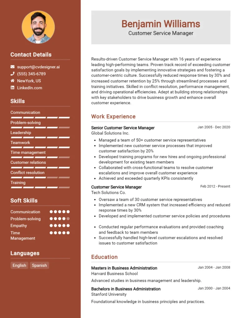 Customer Service Manager CV Example