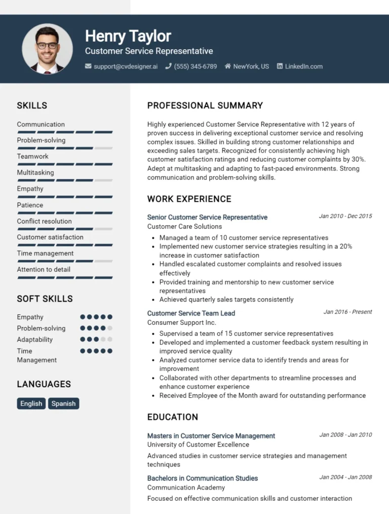 16 Customer Service Representative CV Examples And Free Templates For 2025