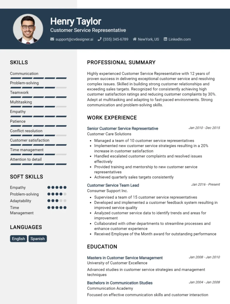 Customer Service Representative CV Example