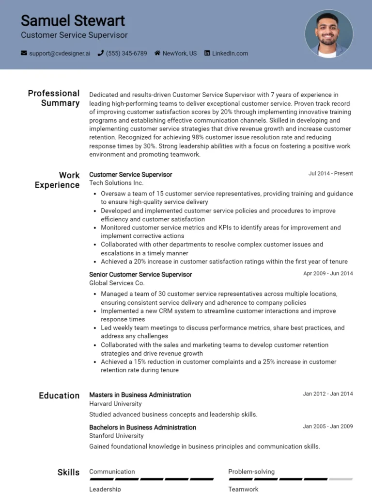 16 Customer Service Supervisor CV Examples And Templates For 2025