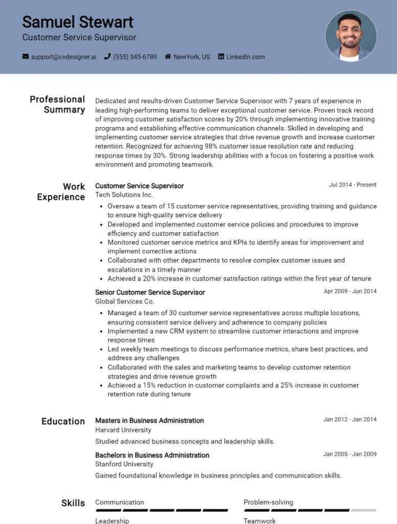 Customer Service Supervisor CV Example