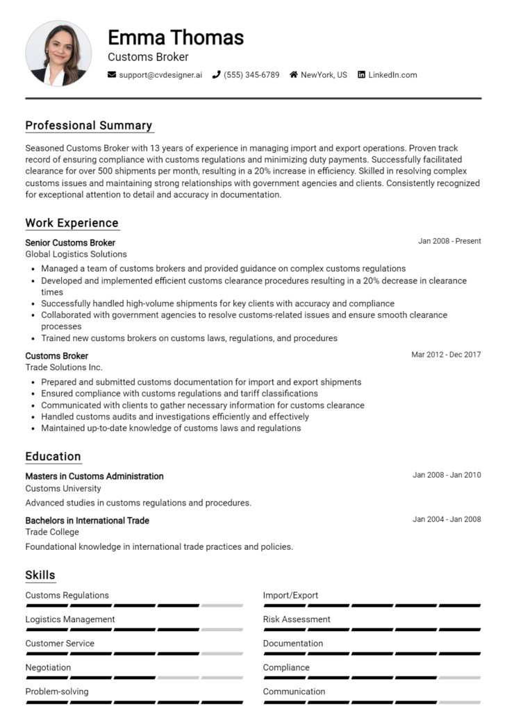 Customs Broker Resume Example for 2024: Tips & Templates - CVDesigner.ai