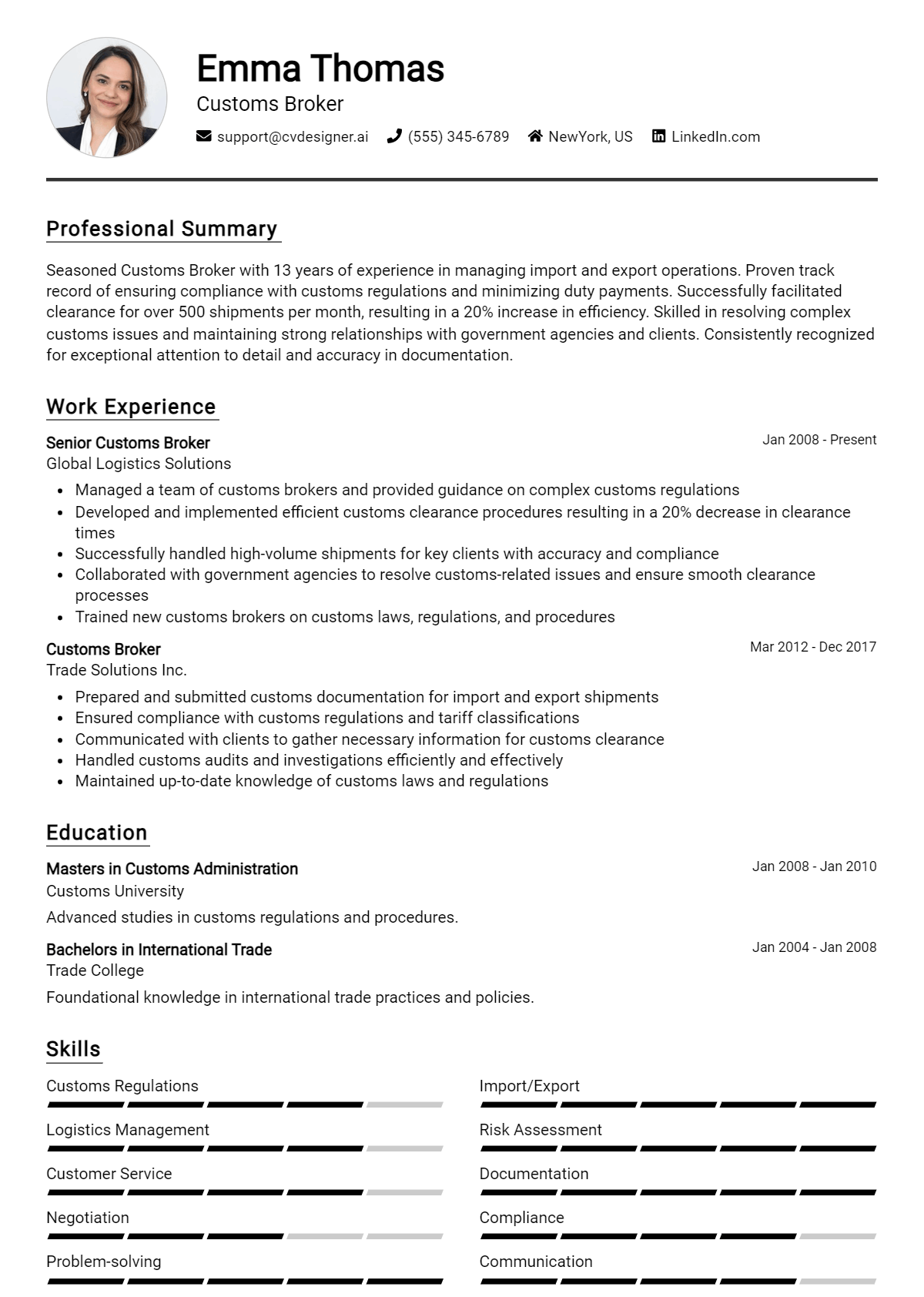 Customs Broker Resume Example