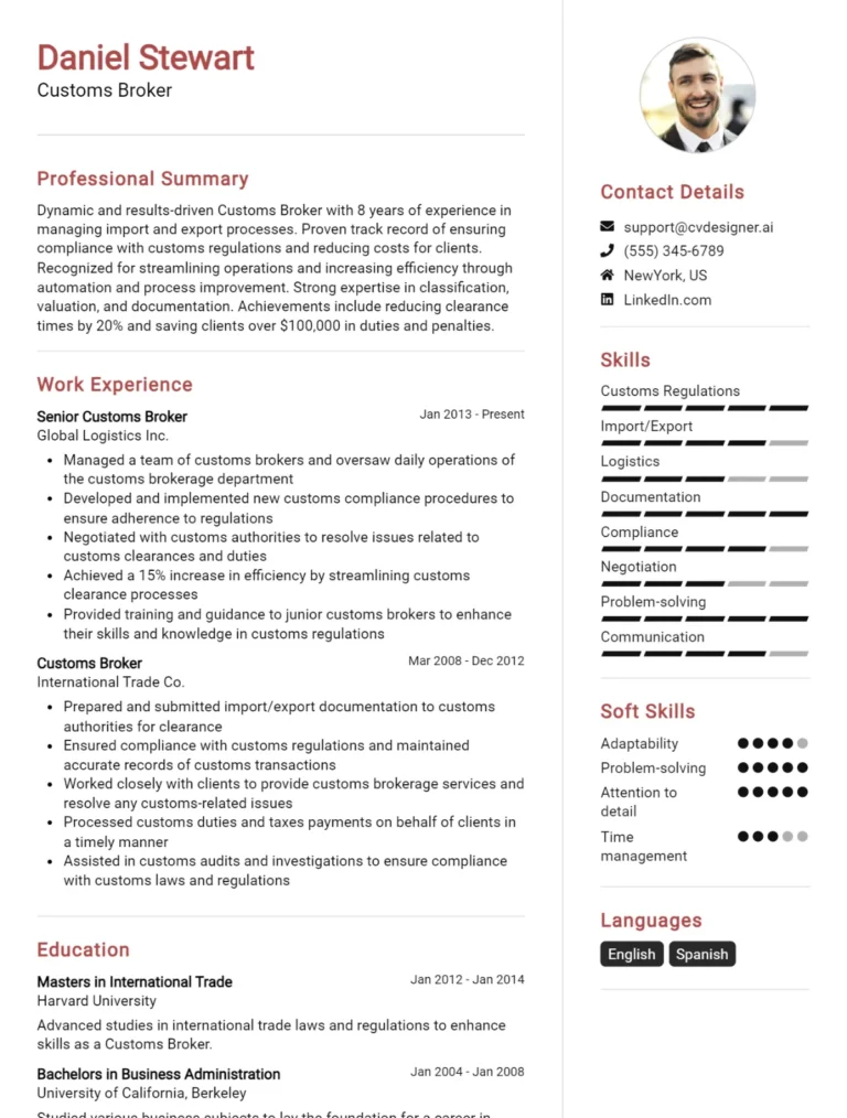 Customs Broker CV Example For 2025: Best Tips & Templates
