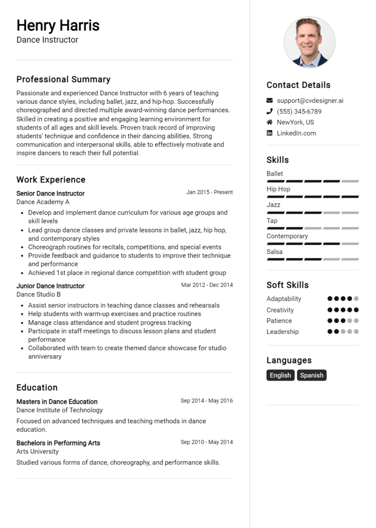 Dance Instructor Resume Example for 2025: Professional CV Templates