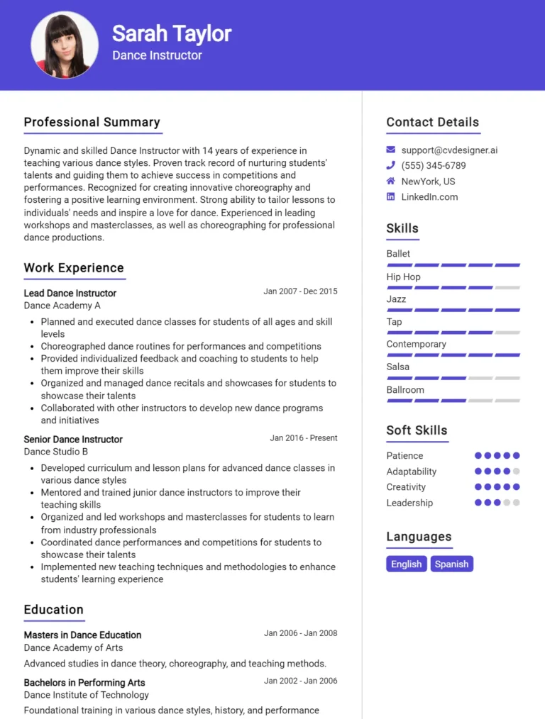 Dance Instructor CV Example For 2025: Strategies & Templates