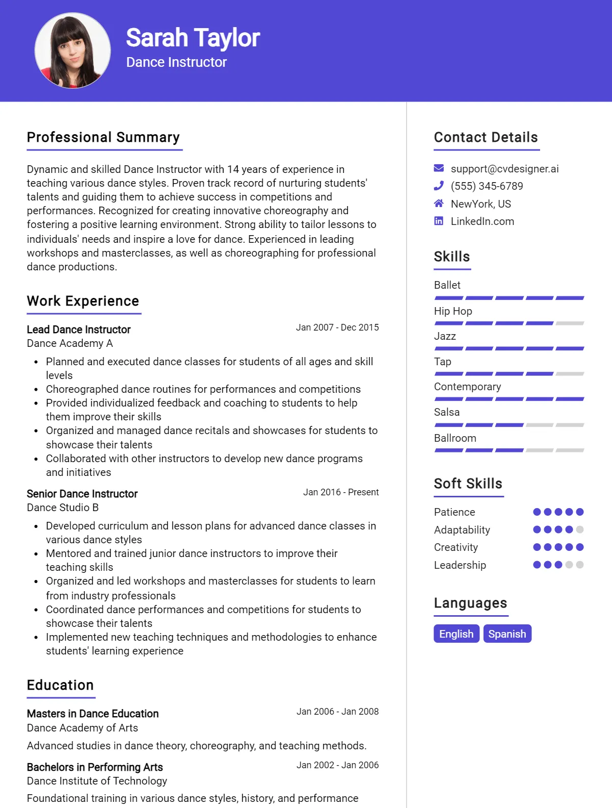 Dance Instructor CV Example