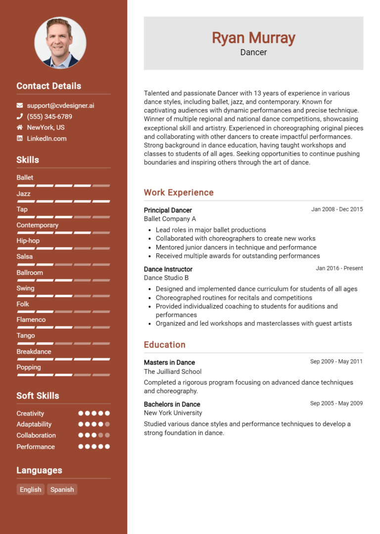 Dancer Resume Example for 2025: Resume Guide