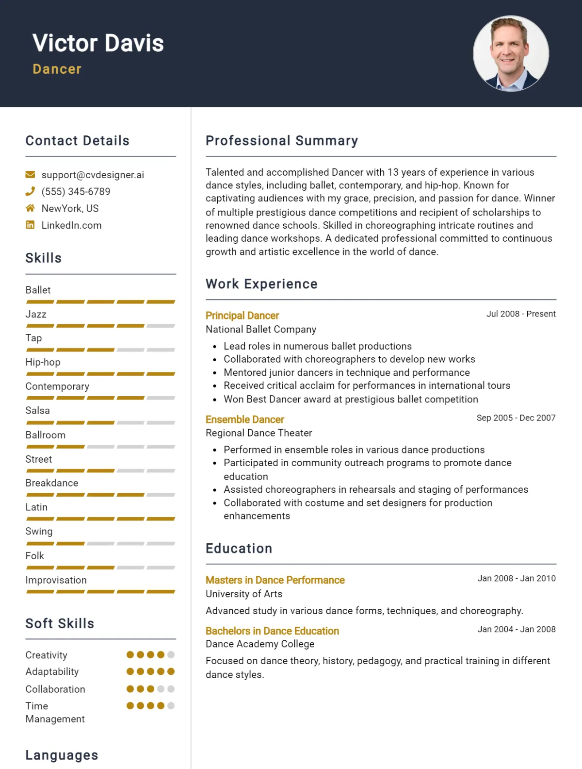 Dancer CV Example For 2024: Samples & Best Practices - CVDesigner.ai