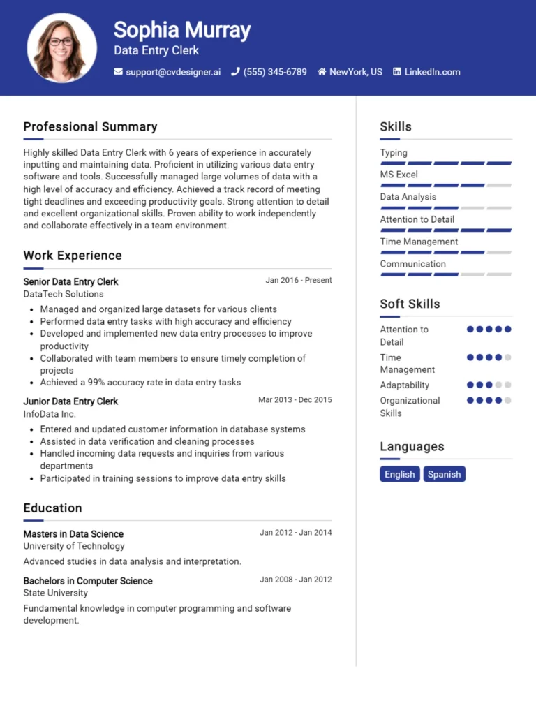 16 Data Entry Clerk CV Examples And Free Templates For 2025