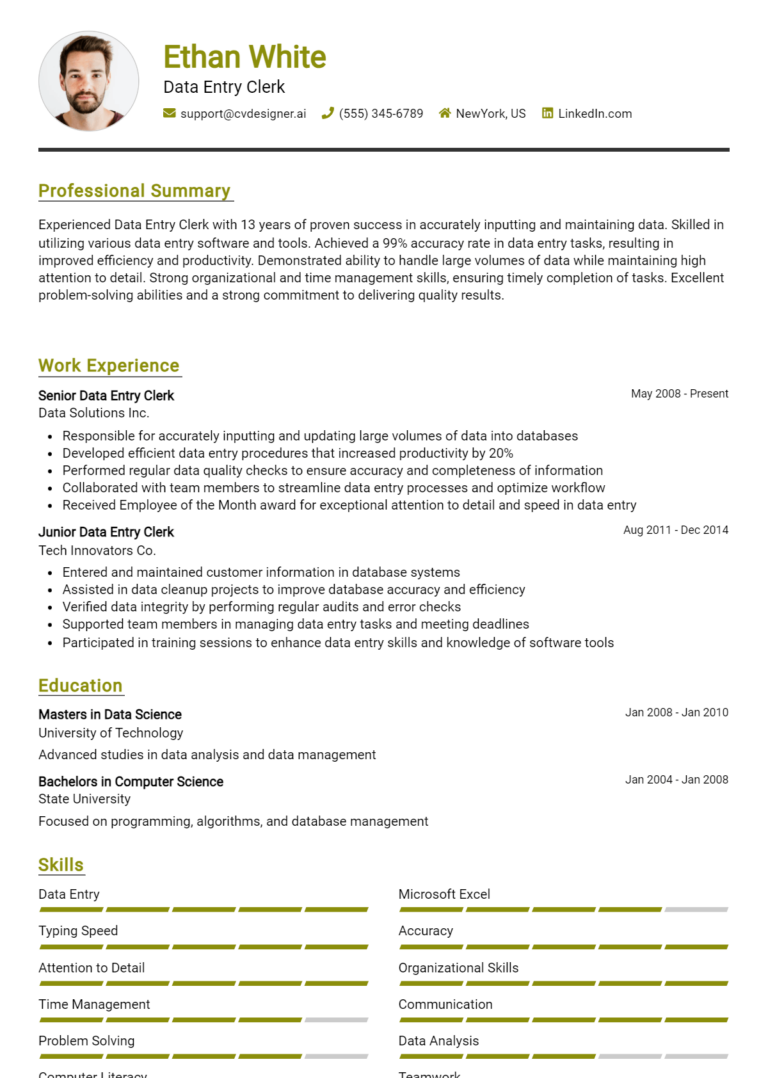 Data Entry Clerk Resume Example for 2025: Strategies & Templates
