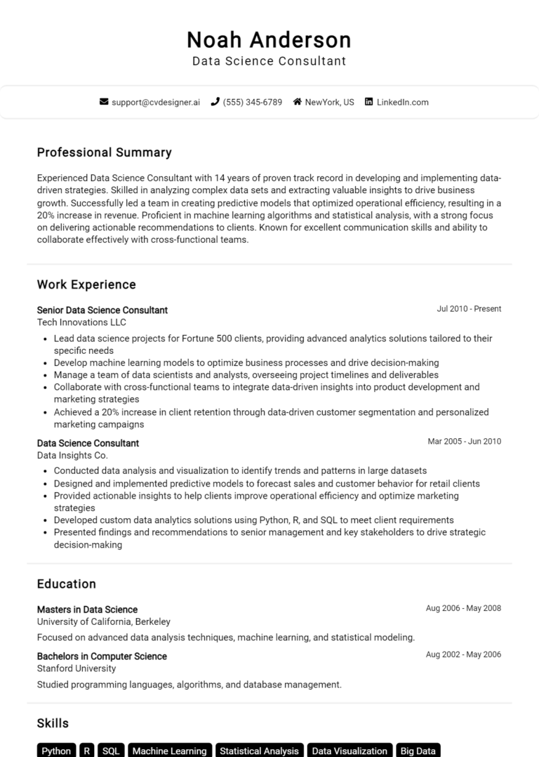 16 Data Science Consultant CV Examples And Free Templates for 2025