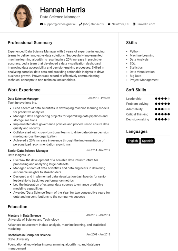 Data Science Manager Resume Example