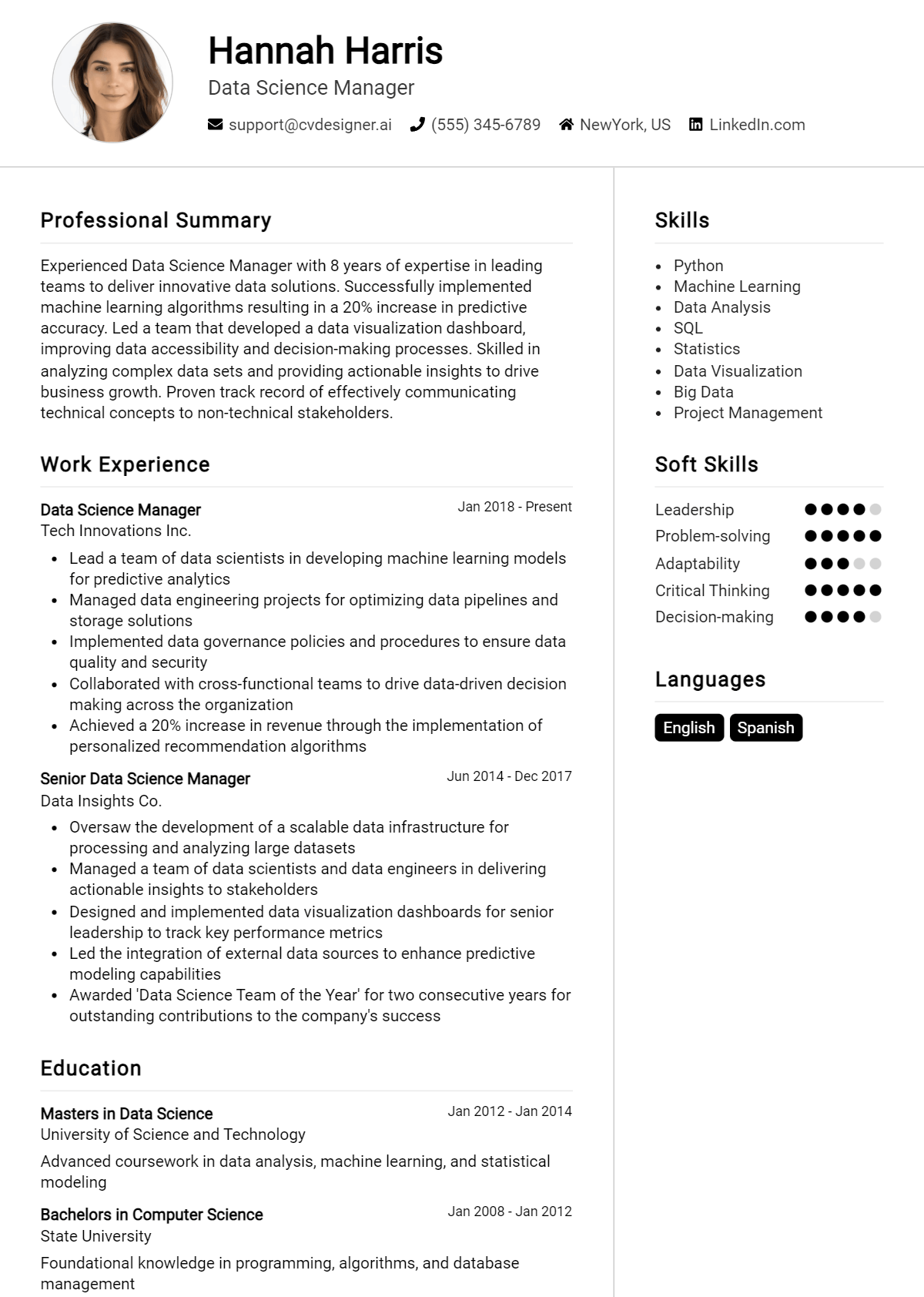 18 Data Science Manager CV Examples And Templates for 2024 - CVDesigner.ai