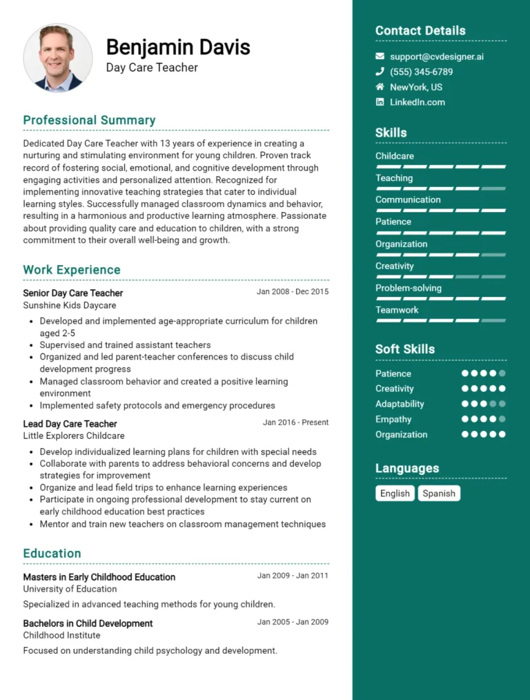 Day Care Teacher CV Example For 2025: Samples & Best Practices