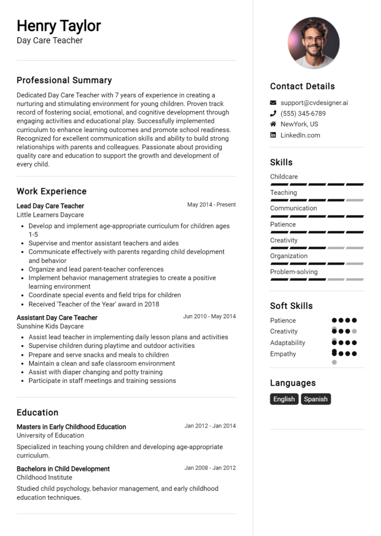 Day Care Teacher Resume Example for 2025: Tips to Stand Out