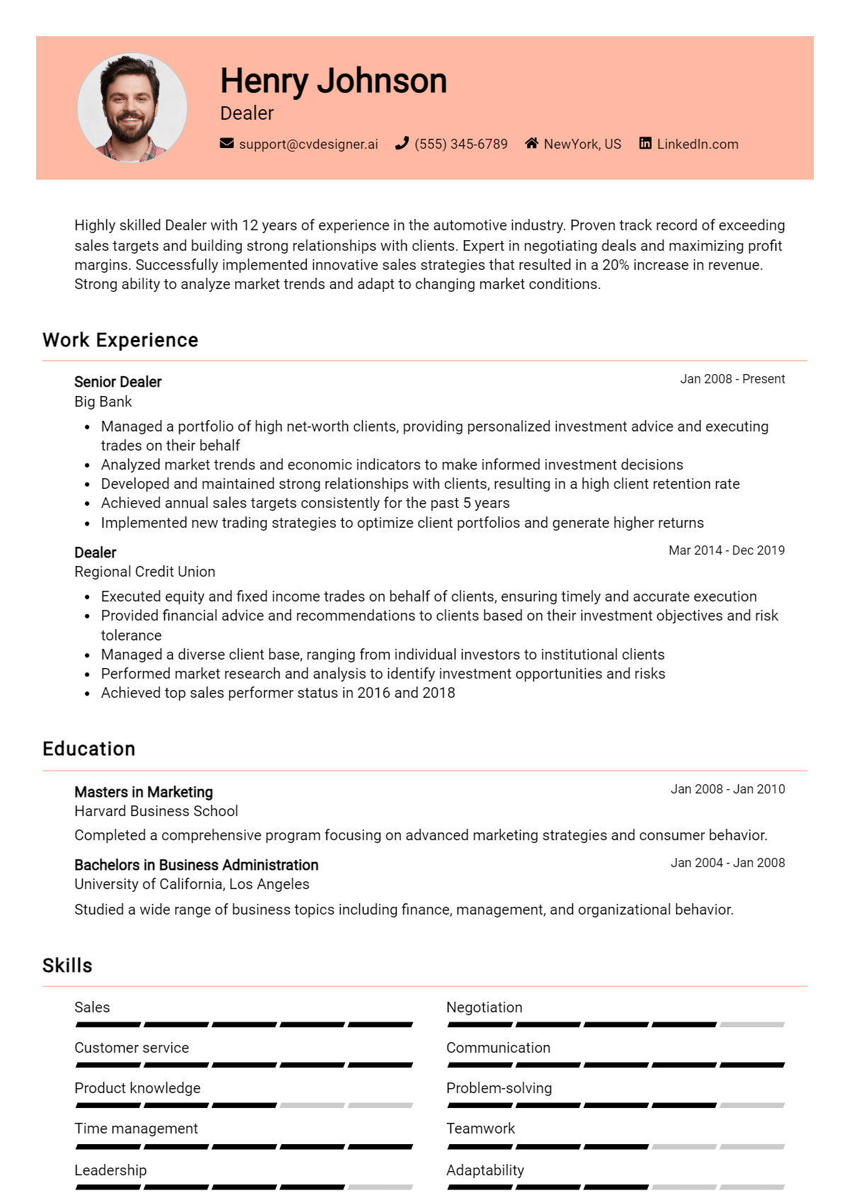 Dealer Resume Example