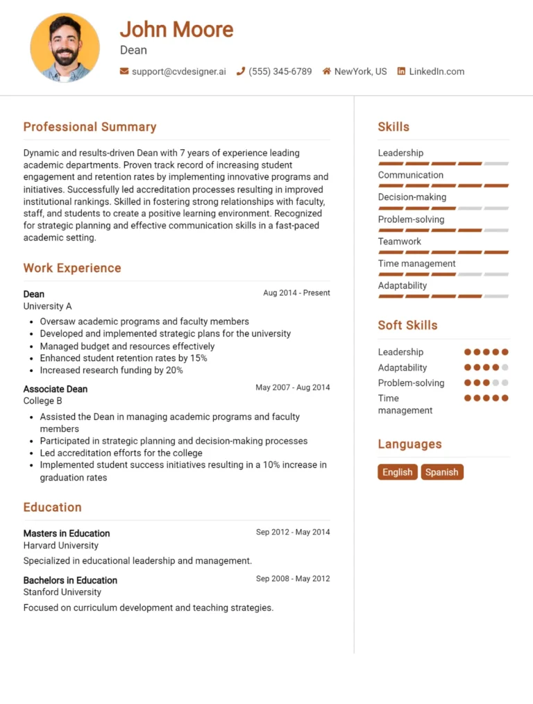 Dean CV Example For 2025: Free Downloadable Templates