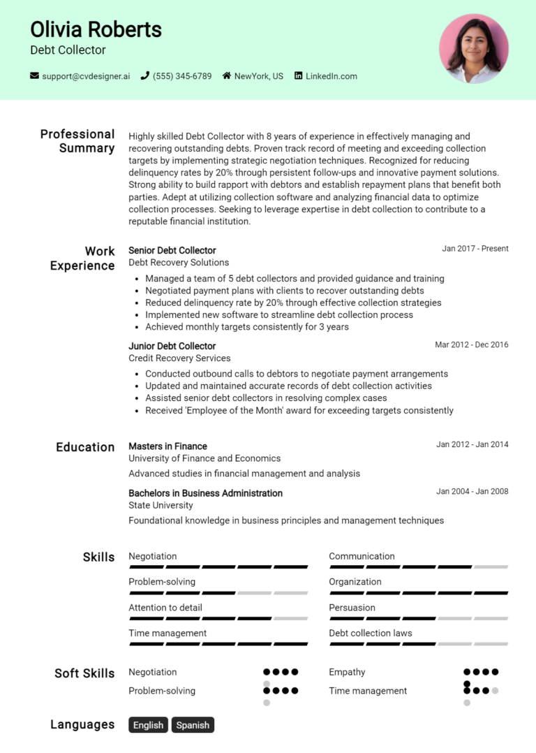 Debt Collector Resume Example for 2025: Free Professional Templates
