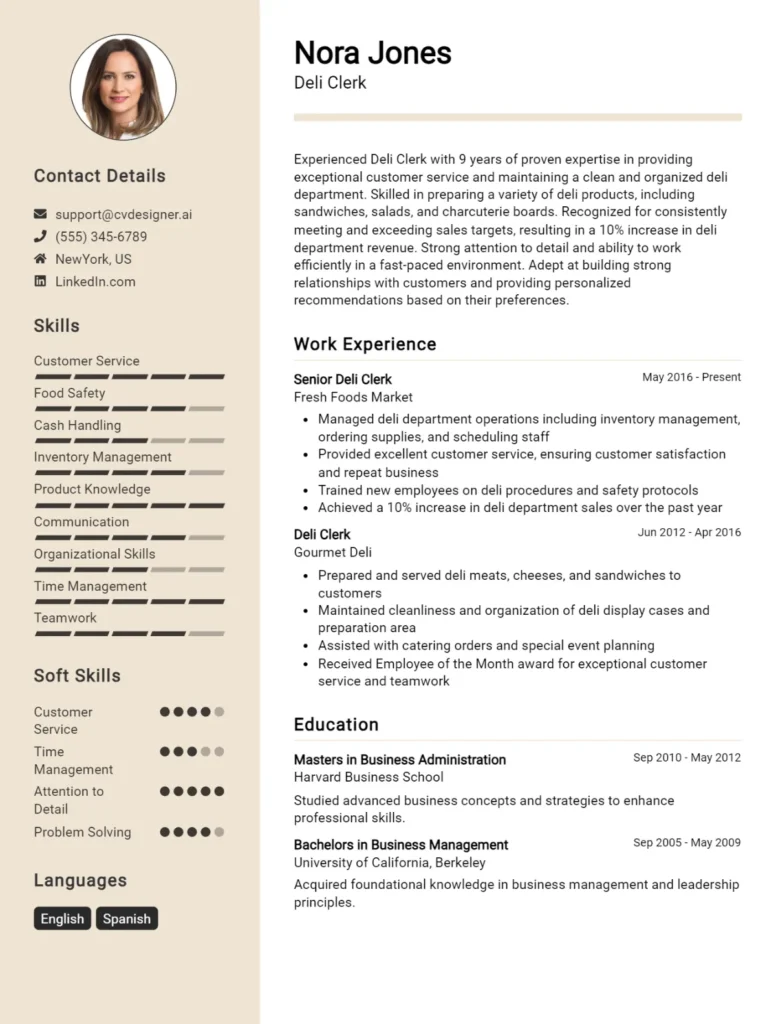 Deli Clerk CV Example