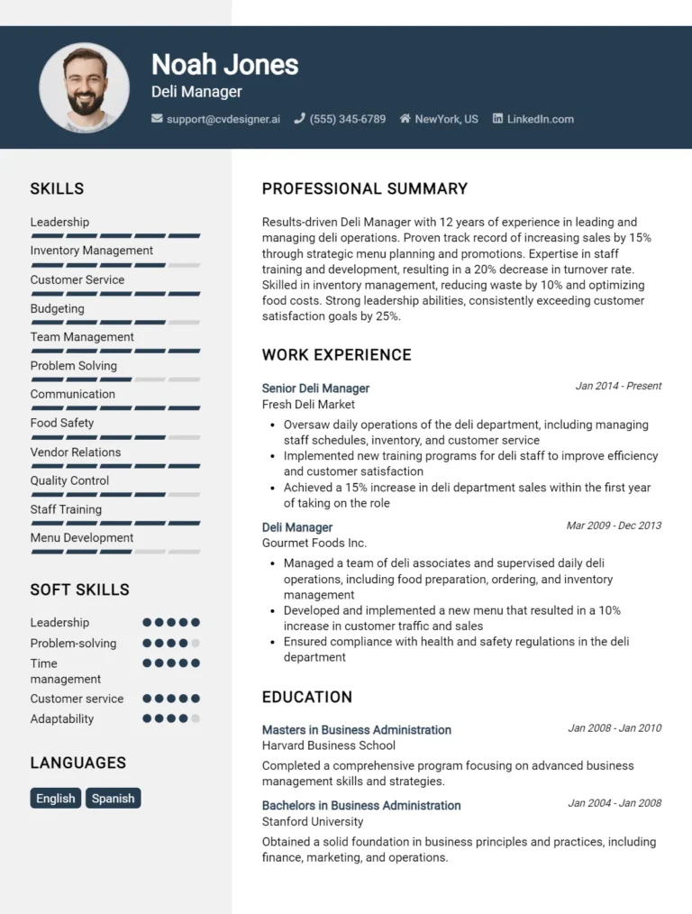 Deli Manager CV Example For 2025: Best Tips & Templates