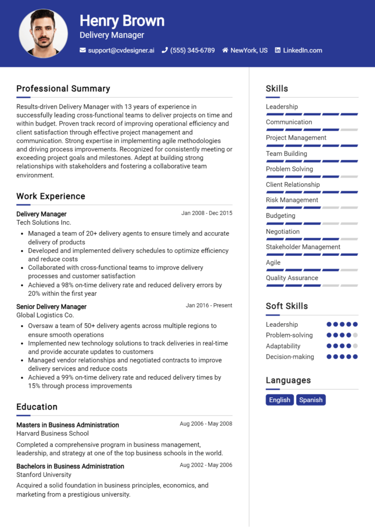 Delivery Manager Resume Example