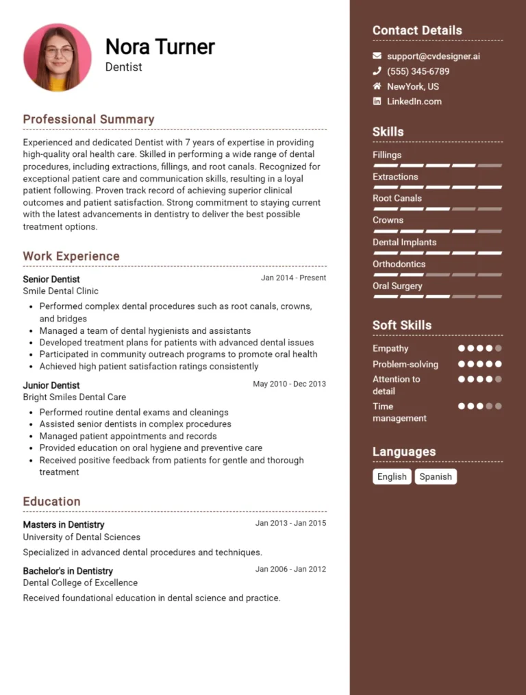 Dentist CV Example For 2025: Examples & Free Templates