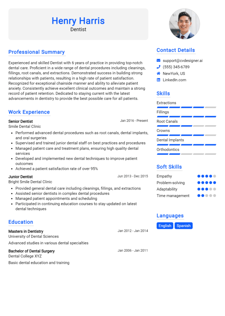 Dentist Resume Example for 2024: Best Writing Guide - CVDesigner.ai