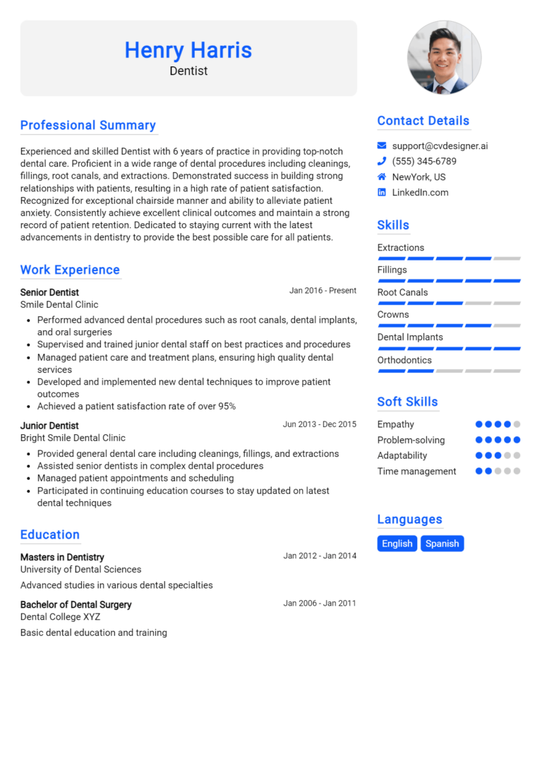 Dentist Resume Example for 2025: Best Writing Guide