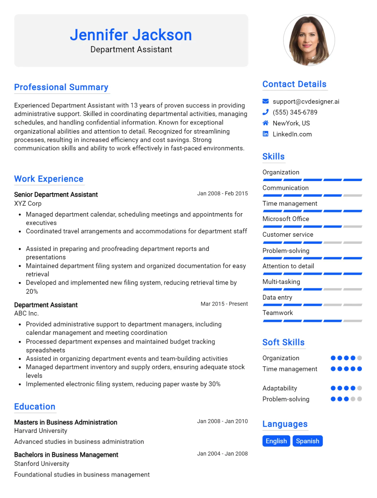 Department Assistant CV Example