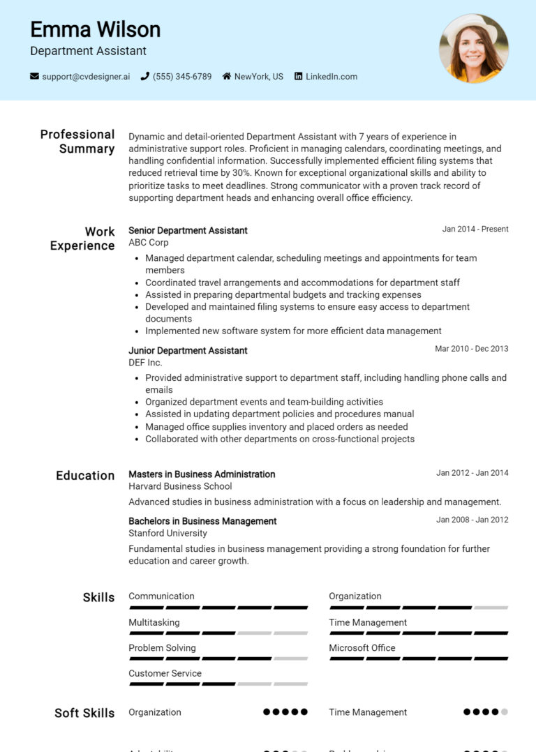 Department Assistant Resume Example for 2025: Examples & Free Templates