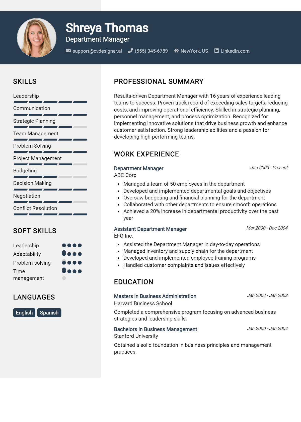 Department Manager Resume Example
