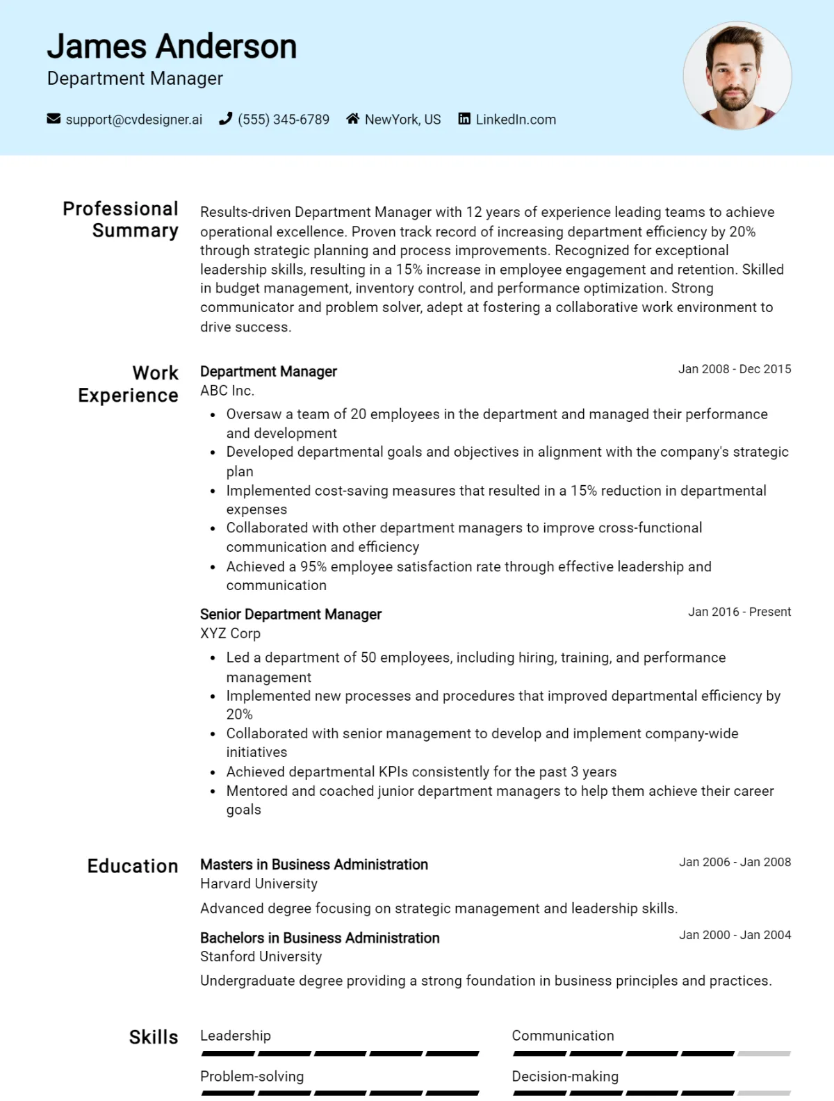 Department Manager CV Example