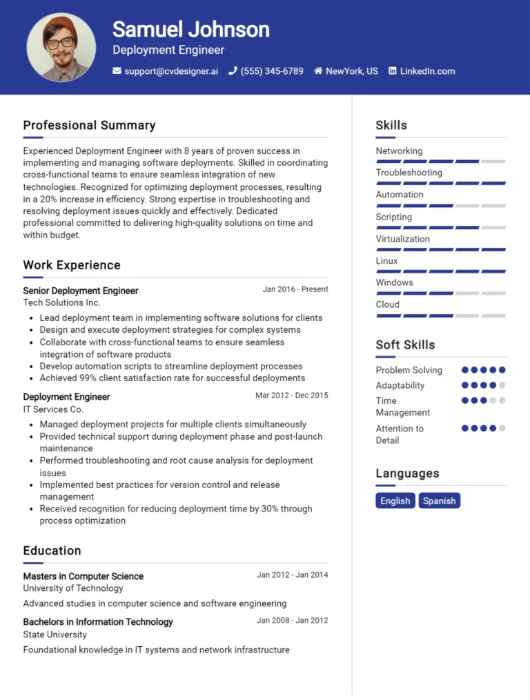 Deployment Engineer CV Example For 2025: Examples & Free Templates