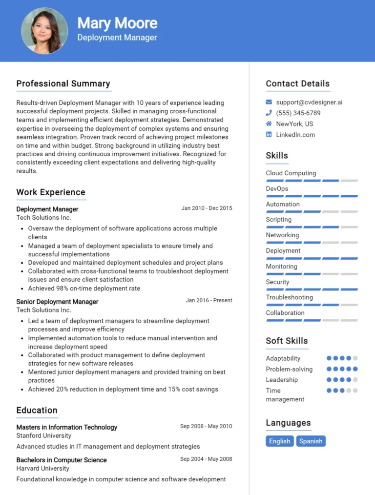 Deployment Manager CV Example For 2025: Proven Tips & Templates