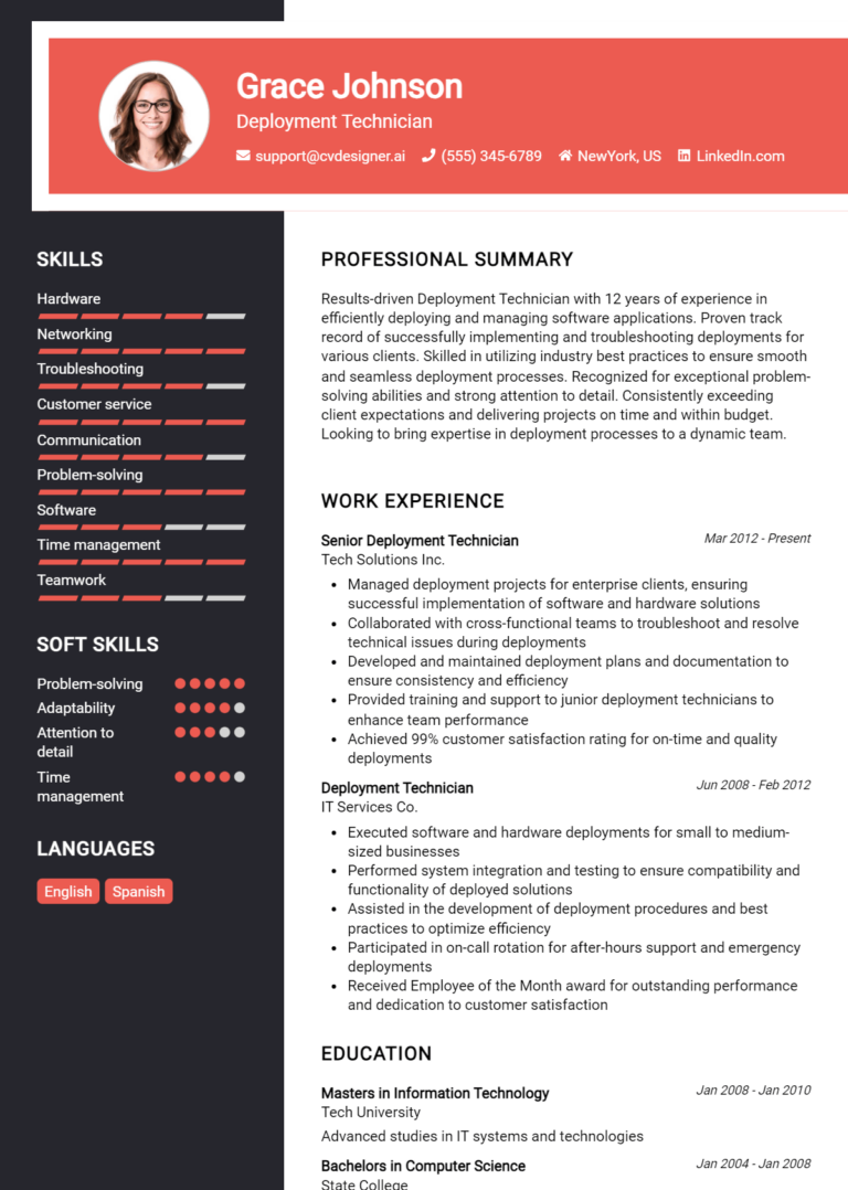 Deployment Technician Resume Example for 2025: Tips & Templates