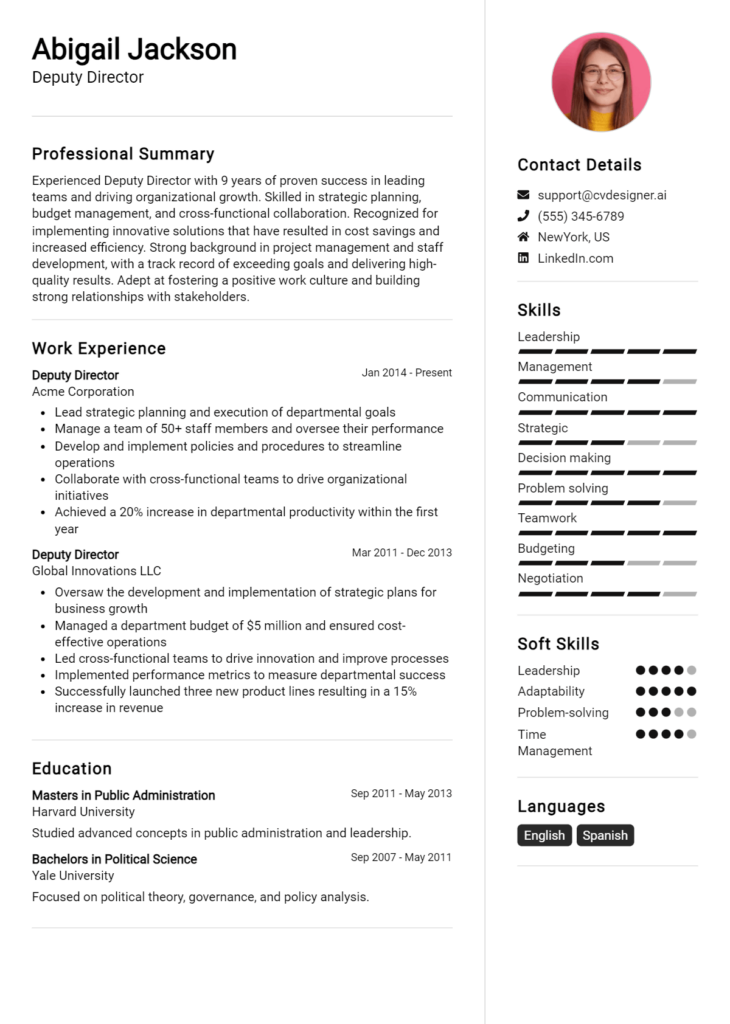 28 Deputy Director Resume Examples for 2024: Free Samples - CVDesigner.ai