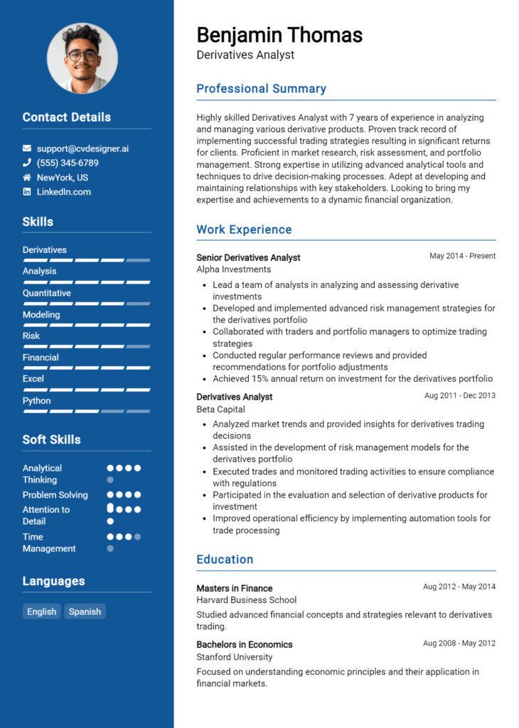Derivatives Analyst Resume Example