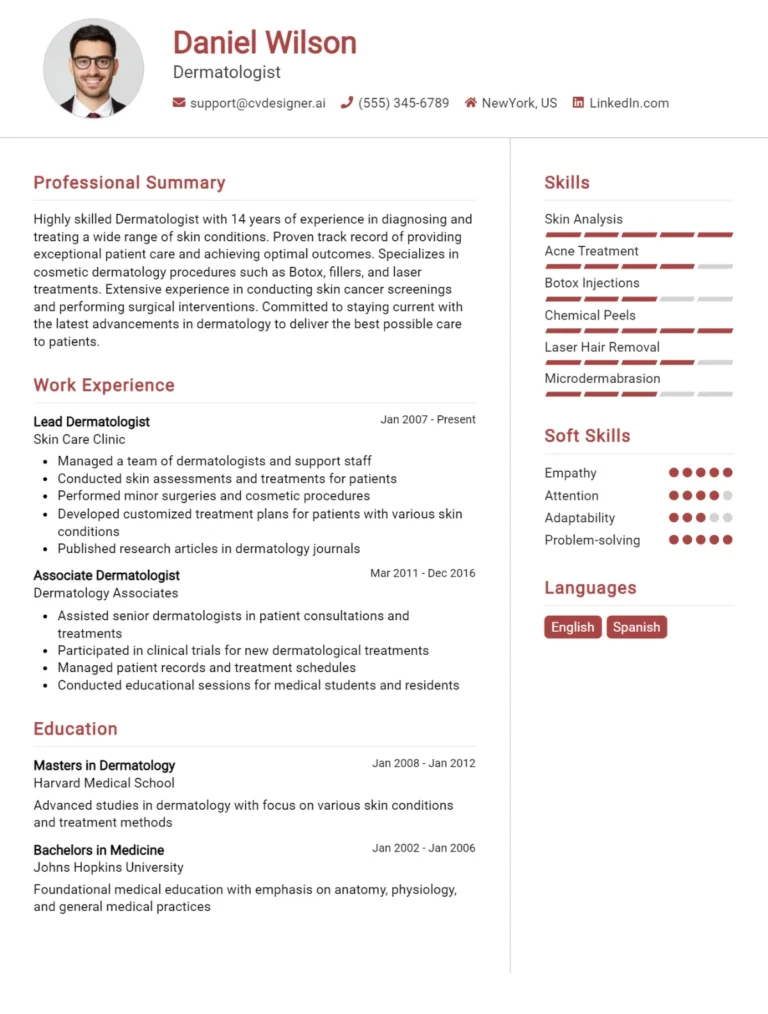 Dermatologist CV Example For 2025: Examples & Free Templates