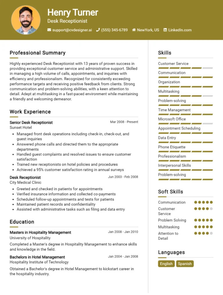 Desk Receptionist CV Example For 2025: Strategies & Templates